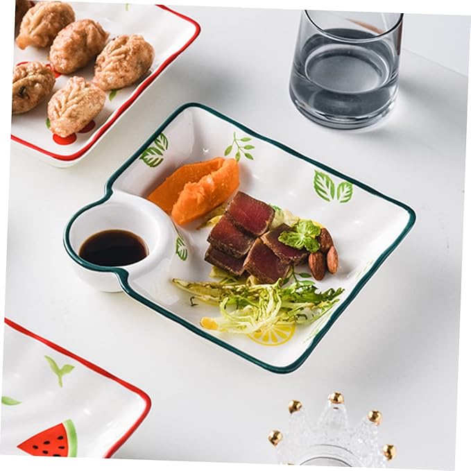 ABOOFAN Japanese Ceramic Divided Dumpling Dish Sauce Holder Hand-Painted Square Plate for Fruits and Dipping Multi-Use Serving Tray for Entertaining and Everyday Meals Random Style