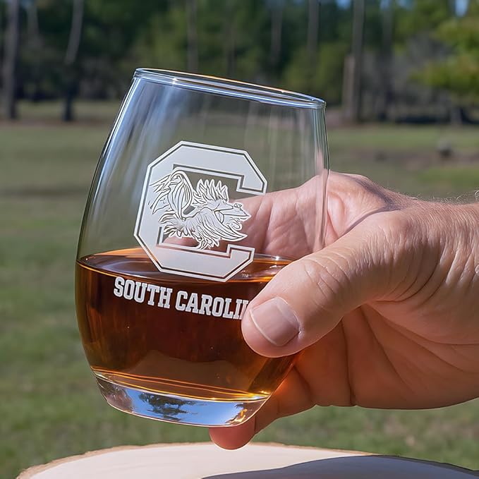 South Carolina Gamecocks Satin Frost Stemless Wine Glass Set – Official Clear Glass with White Logo – Heavy-Duty Made in USA Drinkware – Dishwasher Safe – Set of Two, 15 oz