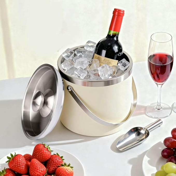 3L Beige-White Double Wall Insulated Stainless Steel Ice Bucket with Scoop for Cocktail Bar,Metal Ice Bucket for Freezer with Lid for Parties.ice Container to Keep Ice Colder,bar cart Accessories