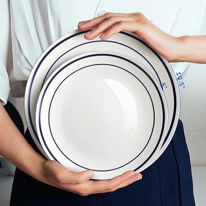 YFWOOD Ceramic Dinner Plates Set Of 6, 8 Inch Salad Plates, Contemporary Round Porcelain Tablewar, Suitable for Desserts, Appetizer, Pasta, Microwave Safe - White & Blue Double Line