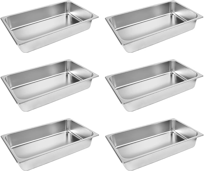 6 Pack Hotel Pans, 1/1 Size 4" Deep Stainless Steel Trays for Food, 20.8" L x 13" W Catering Food Pan Commercial Table Pan for Hotel, Restaurant, Buffet, Party Supplies