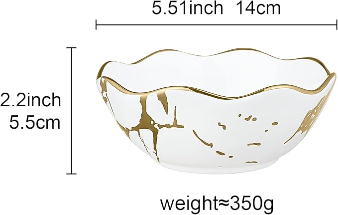 fanquare 10oz Gold Marble Soup Bowl, Porcelain Cereal Bowls Set for 4, Small Kitchen Serving Bowls, Dishwasher Safe, 5.5"