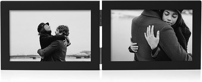 4x6 Double Horizontal Hinged Picture Frame Folding Photo Frame in Black Pine Wood with Real Glass for Tabletop P-HEI-2H46