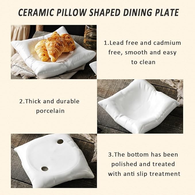 8 Inch White Ceramic Square Dinner Plate, Creative Appetizer Plates for Wedding Kitchen Party Decor, Fun Pillow-Shaped Dessert Plates for Salad, Bread, Fruit