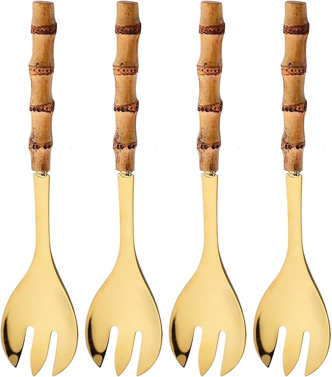 4 Piece Bamboo Handle Serving Set Utensils, 304 Stainless Steel Long Hanlde Serving Fork Spoon For Kitchen Buffet Banquet Wedding Party Cooking (4 Forks, Gold)