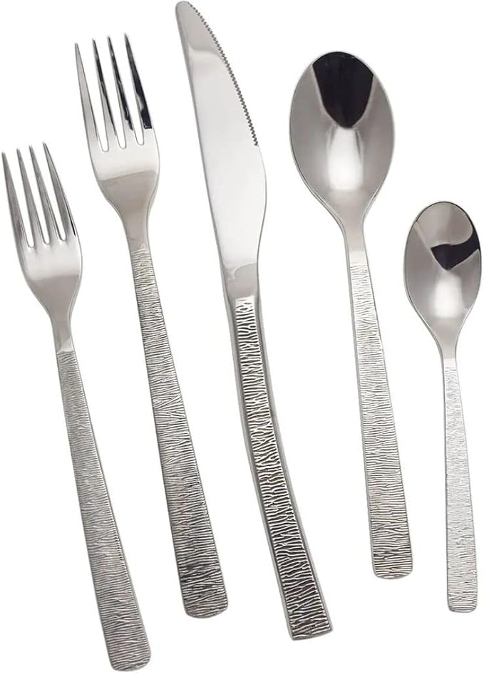 Degrenne Luxury French Cutlery Set - 5 Piece Silverware Set, Includes Forks, Spoons & Knife, Stainless Steel Flatware, Dishwasher Safe, Made in France - Astree Cisele Mirror Finish