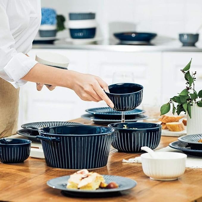 Elegant Resistant Dinner Set,46 Pieces White Blue Vertical Pattern Ceramics Dinner Sets Plates Bowls Combination for Family Party