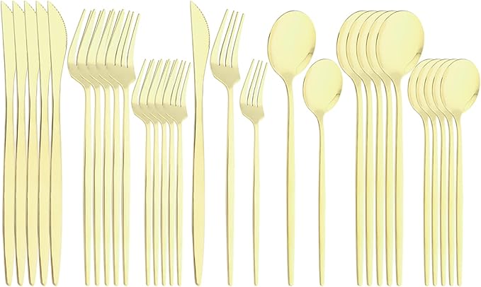 30Pcs Champagne Gold Mirror Finished Cutlery Set, 18/0 Stainless Steel Daily Use Silverware Kitchen Home Restaurant Party Dessert Flatware Set Include Knife/Fork/Spoon, Service For 6