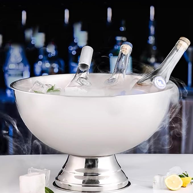 Large Ice Bucket 13L Stainless Steel Champagne Bowl Ice Bucket with Ice Scoop Semicircle Drink Tub with Integrated Base Silver Beverage Tub for Parties, Cocktail Bar, Chilling Wine (2 Packs-Silver)