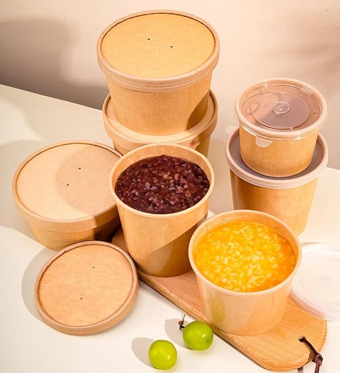Wei Long 50-Pack 12 oz To Go Soup Containers with Lids,Paper Soup Containers Disposable Paper Bowls with Vented Lids,Cups for Ice Cream,Dessert,Frozen Yogurt,Oatmeal(Brown)