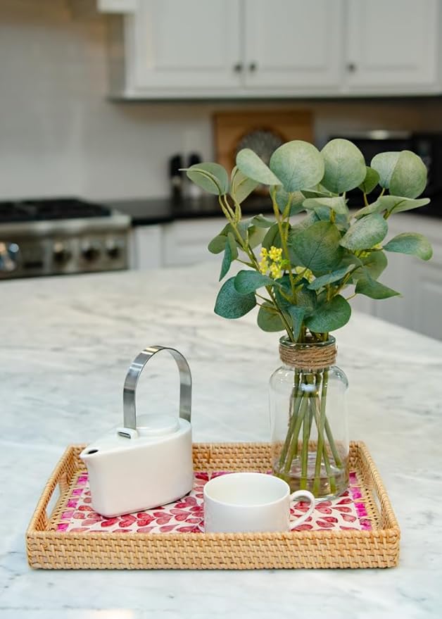 Magenta & Teal Decorative Rectangle Rattan Serving Tray 13x9 inch Mother of Pearl Inlay, Wicker Coffee Table Decor, Farmhouse (Pink Flower)