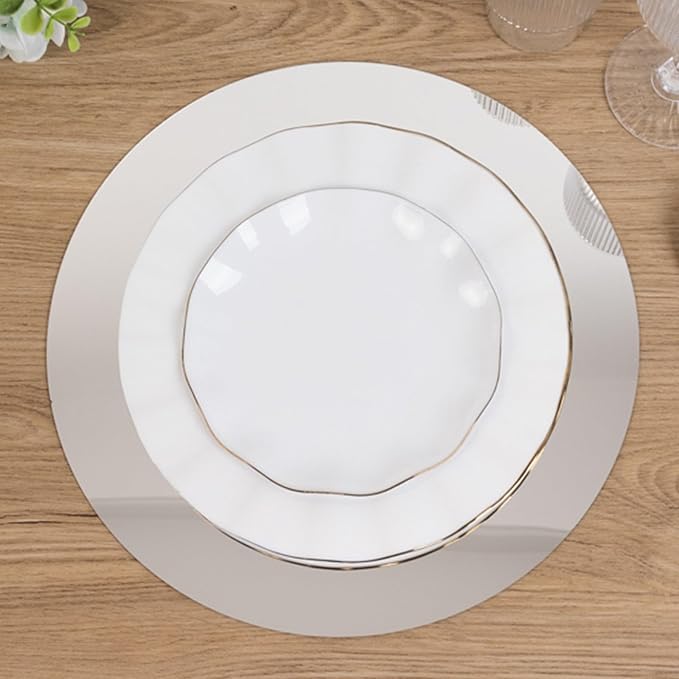 Efavormart 10 Pack Silver Round Acrylic Mirror Tray for Table Setting, Circle Candle Plate Centerpiece Bases - 12"