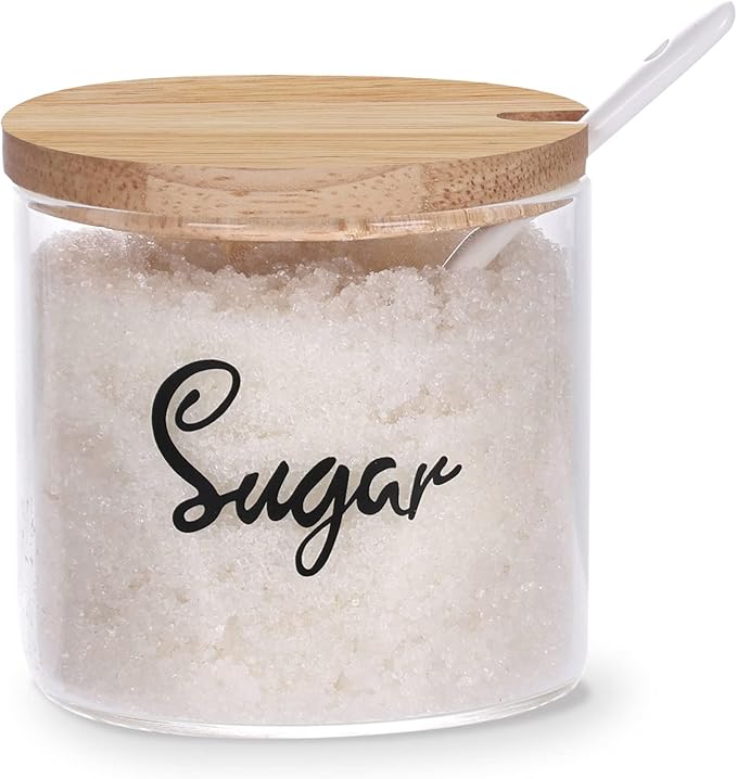 HAOTOP Clear Glass Sugar Bowl with Serving Spoon and Lid, Farmhouse Kitchen Countertop Canisters, Container Jar Dispenser Holder for Home Kitchen,12 oz