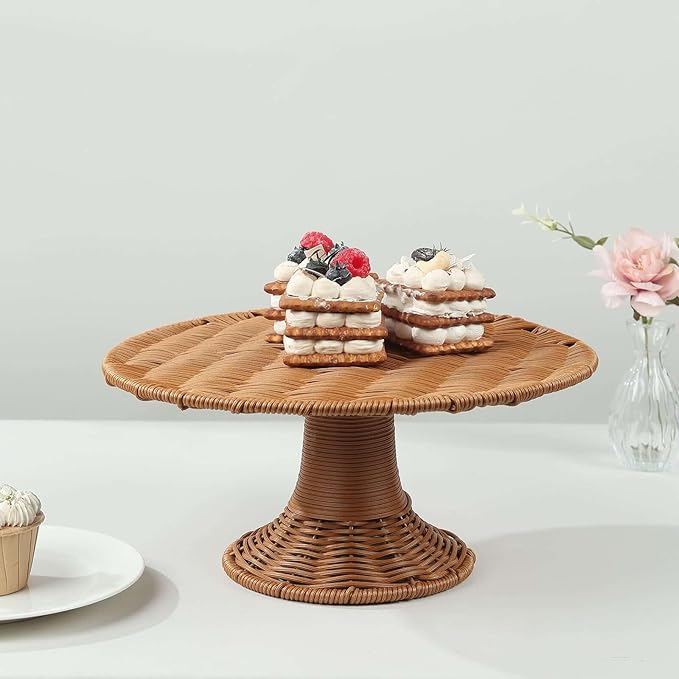 Efavormart Natural Plastic Rattan Wicker Pedestal Cake Stand, Round Rustic Cupcake Holder Dessert Table Display Centerpiece - 12"