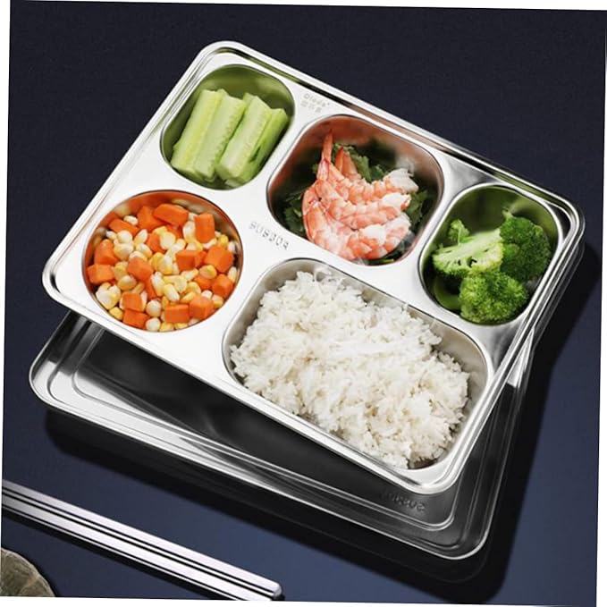 Cabilock 1pc Stainless Steel Food Plate Section Serving Tray Divided Lunch Compartment Stackable
