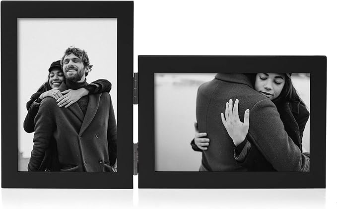 4x6 Double Hinged Picture Frame Folding Photo Frame Vertical and Horizontal in Black Pine Wood with Real Glass for Tabletop P-HEI-SH46