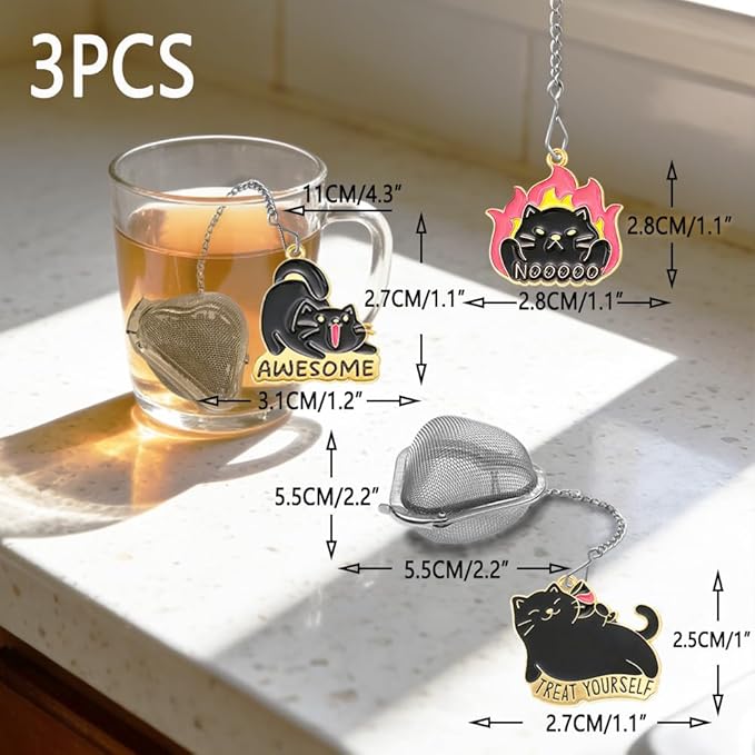3 pcs tea infuser loose tea strainer, heart shaped stainless steel loose leaf tea infuser tea ball, cute pendant tea ball set tea gifts for tea lovers women (Angry Cat)