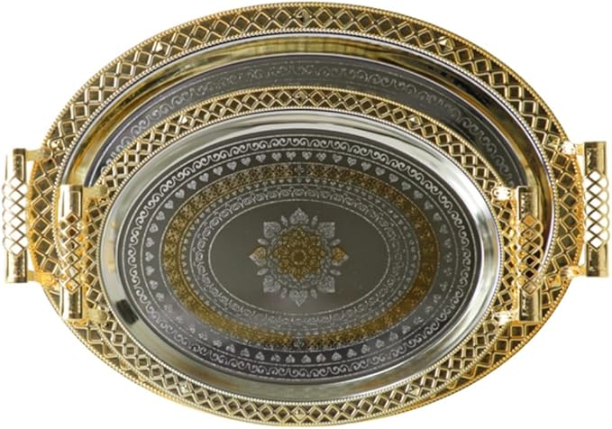 Middle Eastern Iranian Persian Turkish Serving Tea Fruit Nuts Tray 2-Piece Set 17"+14" Oval Silver Gold Plated Stainless Steel