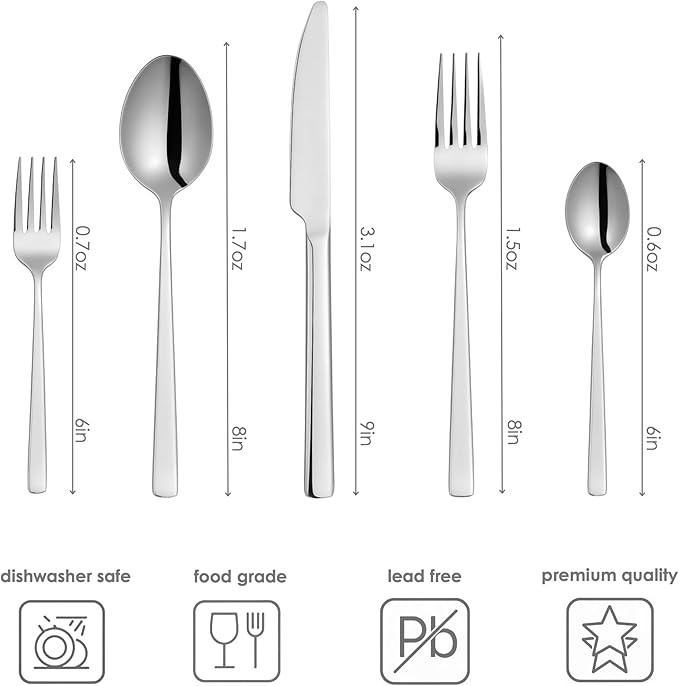 Oxford Silverware Set, 30 Piece Silver Flatware Set Cutlery Polished Stainless Steel, Service for 6, for Kitchen, Home, Wedding, Party, Dishwasher Safe