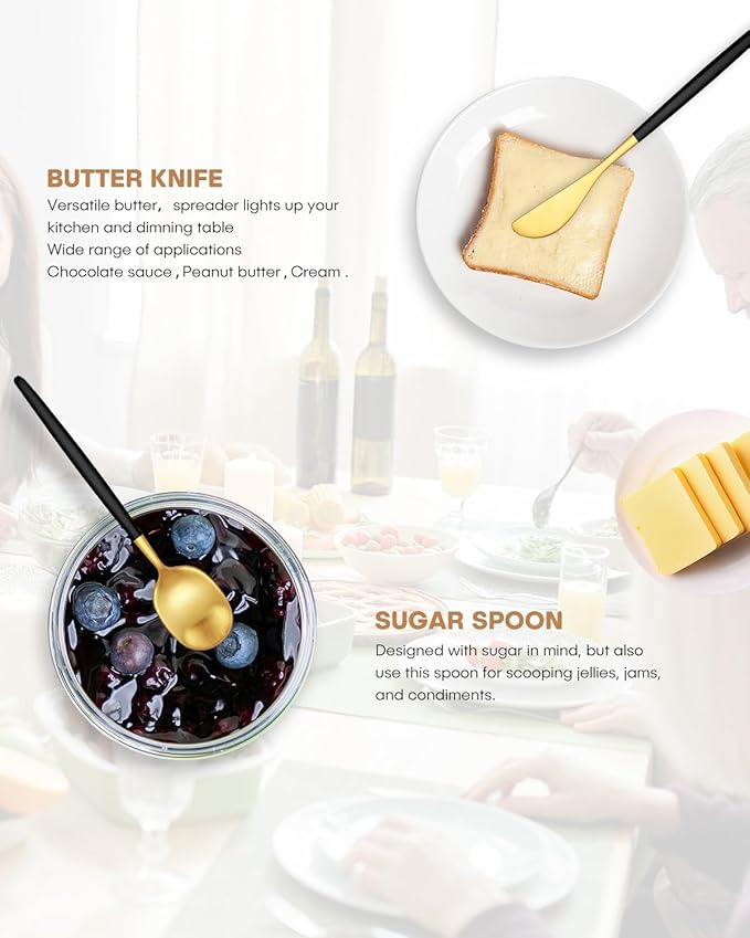 Stapava 5-Piece Black Gold Serving Utensils Set, Stainless Steel Hostess Set Include Large Spoons, Forks, Sugar Spoon & Butter Knife for Buffet Party Kitchen Restaurant, Satin Finish, Dishwasher Safe