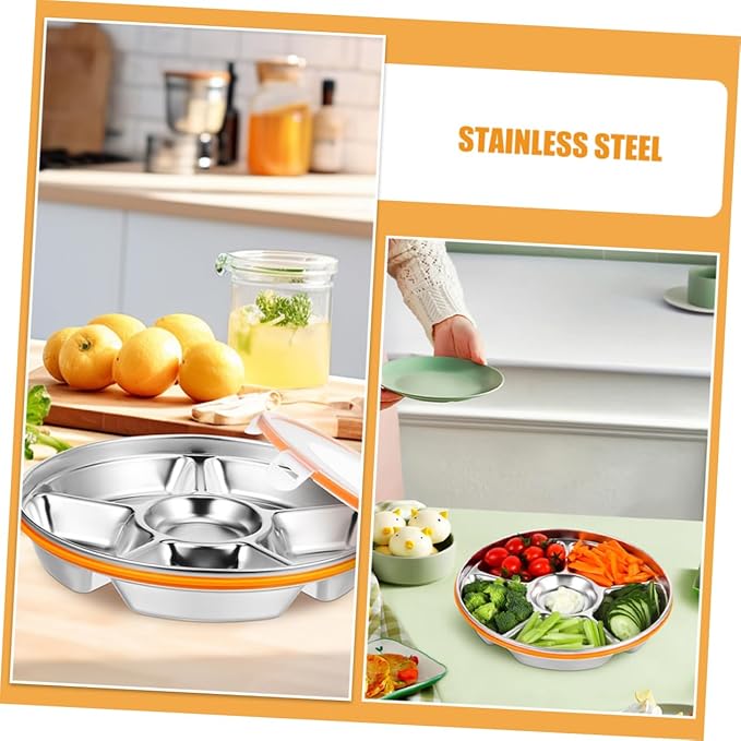 GLEAVI Stainless Steel Divided Serving Tray Lid Family Sized Fruit and Vegetable Tray Multipurpose Snack Container for Fresh Food Storage and Outdoor Use