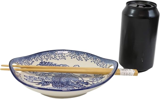 Ebros Blue White Ming Nine Dragons Dragon King Appetizer Snack Serving Coupe Plate Dish With Chopsticks And Built In Rest Set Small Flat Bowl For Hors D'oeuvres Sushi Ice Cream Serveware Plates