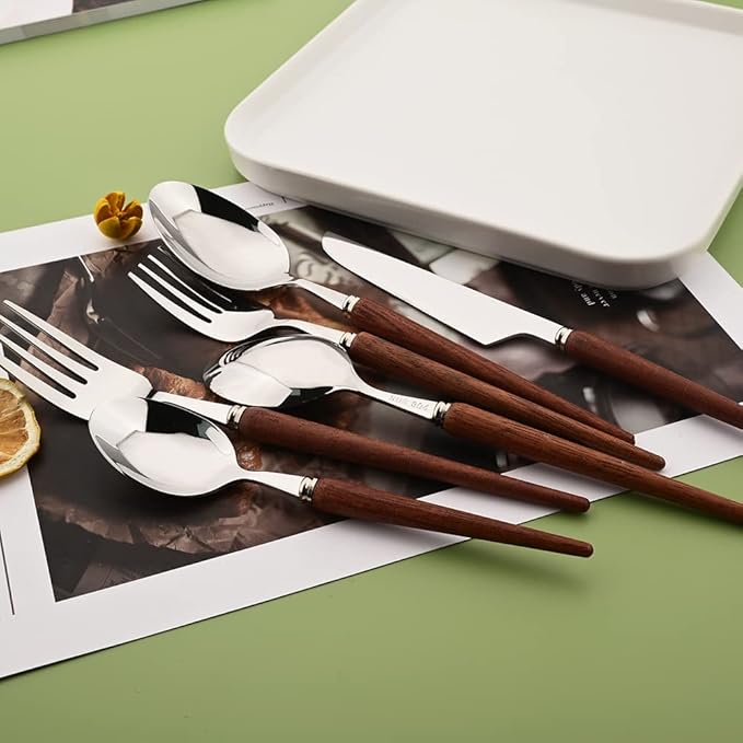 30-Piece Wood Handle Silverware Set 304 Stainless Steel Flatware Set Service For 6, Forks Spoons and Knives Set for Home, Restaurant, Wedding, Party (Rosewood)