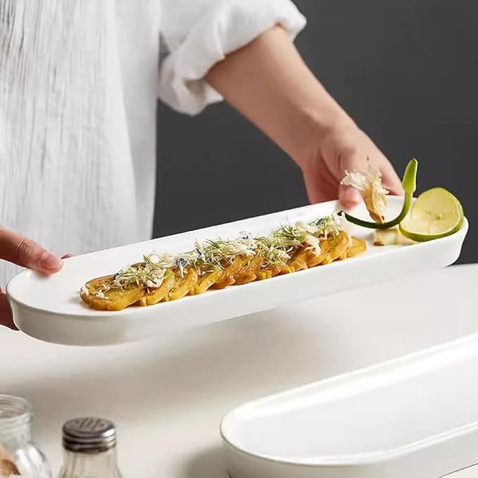 Kitchen Plates Ceramic Long Oval Dinner Plate Snack Plate Desktop Decoration Sushi Plate Restaurant Dessert Plate Appetizer Plate Restaurant Plates(35.5cm)
