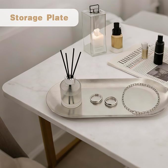 10 Pack Stainless Steel Decorative Tray, Thicken Silver Decorative Tray 7 inch, Oval Jewelry Dish Bathroom Vanity Tray Small Serving Tray Candle Holder Cosmetics Tray Perfume Tray