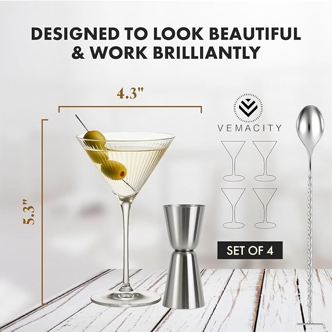 VEMACITY - Ribbed Martini Glasses Set of 4 | Silver Bar Tools - 8oz Cocktail Glasses | Espresso Martini, Margarita, Manhattan, Cosmopolitan - Art Deco Cocktail Gift Set | Ideal for Martinis