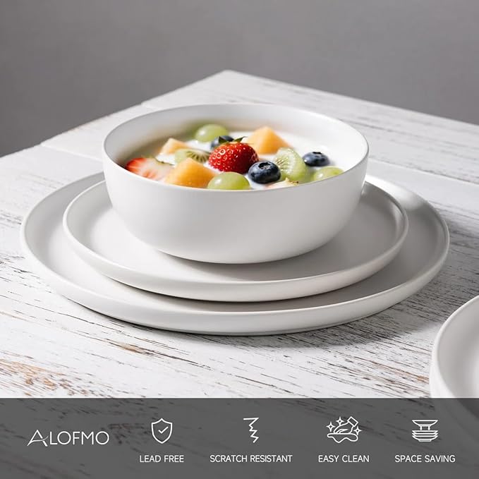 Stoneware Dinnerware Set, 16 Piece Plates and Bowls Set for 4, Microwave and Dishwasher Safe Tableware (white)