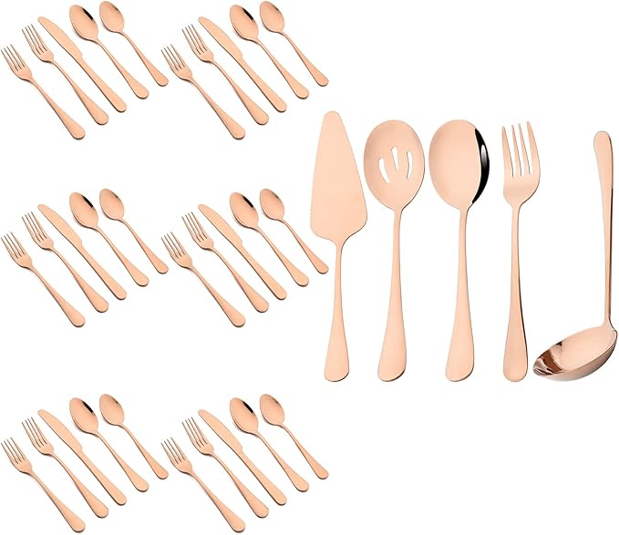 35-Piece Copper Flatware Set With Serving Set, 18/0 Stainless Steel Cutlery Set Service For 6, Mirror Polished, Dishwasher Safe
