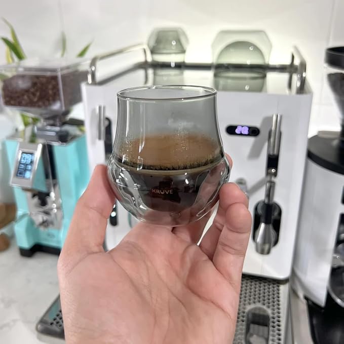 KRUVE Dark Propel Espresso Cups, Handmade Double-Walled Glass Coffee Mugs, Clear 2.5 oz, Scientific Design for Better Tasting Coffee (Set of Two) - Unique Glass Coffee Cups with Headspace