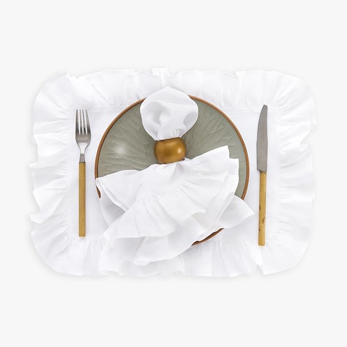 Solino Home Linen Placemats Set of 4-100% Pure Linen White Placemats 14 x 19 Inch for Christmas, New Year - Gabrielle Ruffle, Handcrafted and Machine Washable