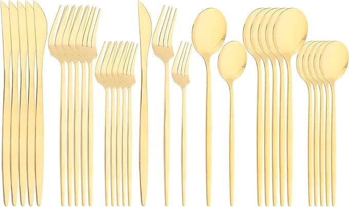 30Pcs Gold Simplicity Mirror Finished Cutlery Set, 18/0 Stainless Steel Daily Use Silverware Kitchen Home Restaurant Party Dessert Flatware Set Include Knife/Fork/Spoon, Service For 6