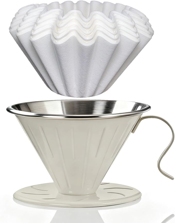 AGOGO Portable Pour Over Coffee Maker V60 Set - Easy Cleaning Compact 304 Stainless Steel Dripper for Camping & 50 Filters Paper & Cleaning Rag Cream V60