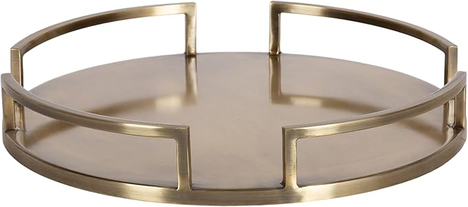 Kate and Laurel Gohana Round Tray with Metal Handles, 16 Inch Diameter, Antique Brass, Modern Glam Serving Tray with Handles for Use as Ottoman Topper or Living Room Decor