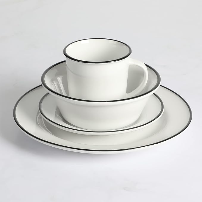 Martha Stewart Cliffield 16-Piece Porcelain Chip and Scratch Resistant Dinnerware Set - White w/Black Rim