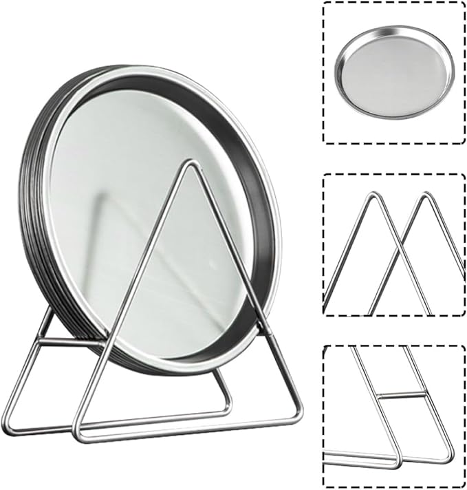 Stainless Steel Pastry Serving Tray and Snack Holder Set with Bracket, 6 Modern Silver Bbq Plates for Food Presentation and Dining, Includes 1 Storage Rack for Restaurant and Home