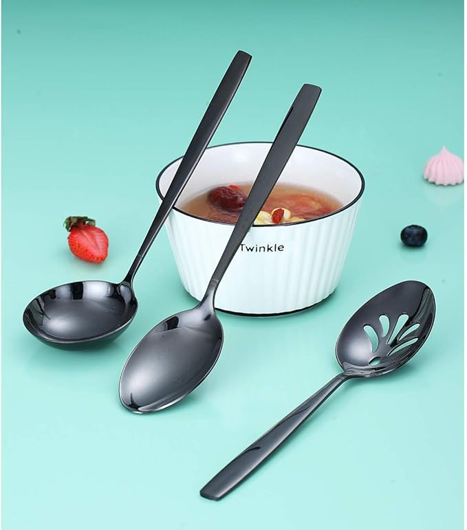 Berglander Black Serving Utensils 10 Pieces, Titanium Plating Serving Spoons, Included Cake Knife Cake Server Serving Forks Sugar Spoon Salad Spoon Forks Butter Knife Gravy Ladle ect.