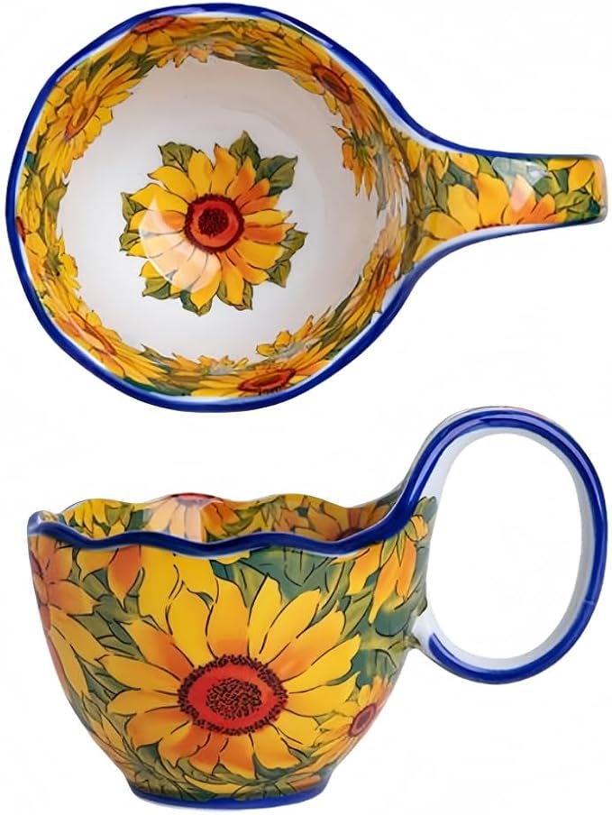 16.91oz/500ml Handpainted Soup Bowl with Handle,Ceramic Cereal Bowl Microwave &Dishwasher Safe,Loop Handle Bowl Great for Soup,Yogurt,Snack,Chip,Stew,Ice Cream,Coffee (Sunflower)