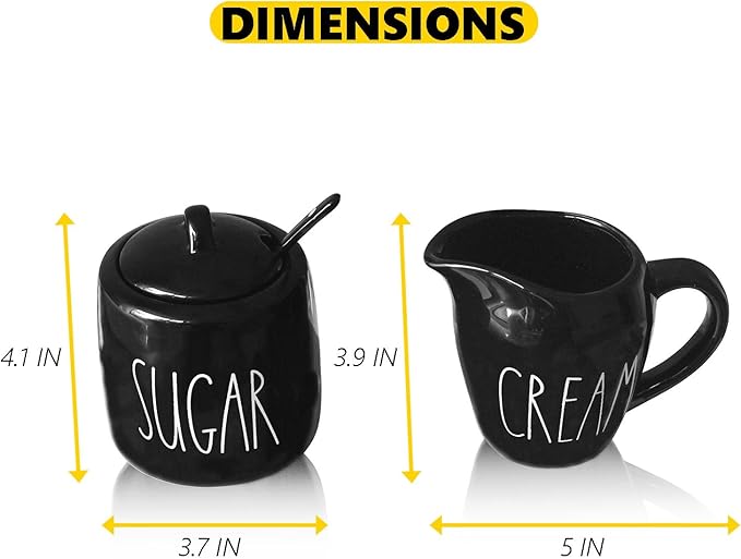 Sugar and Creamer Set, Cream Container and Sugar Holder Set for Coffee Bar, Farmhouse Sugar Bowl with Lid and Spoon, Ceramic Sugar Dispenser and Creamer Pitcher Set for Countertop (Black)