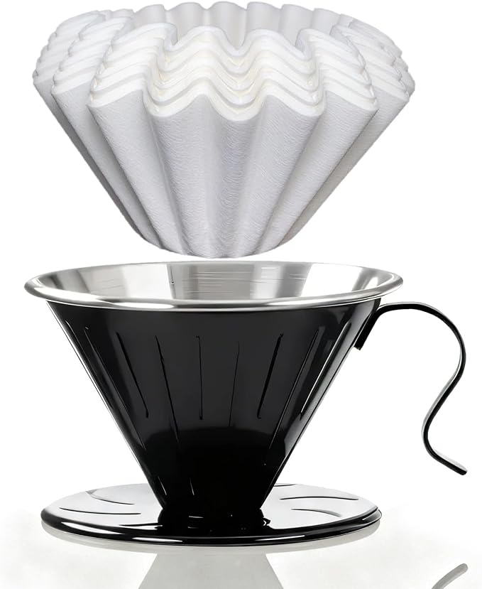 AGOGO Portable Pour Over Coffee Maker V60 Set - Easy Cleaning Compact 304 Stainless Steel Dripper for Camping & 50 Filters Paper & Cleaning Rag Black V60