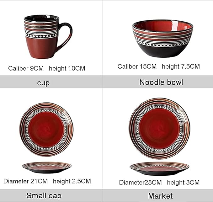 Dinnerware Sets Dish Set,4-Pieces,Retro Porcelain Tableware Set with Plates,Bowls and Mugs,Red Ceramic Dinner Set for Home Kitchen Dining