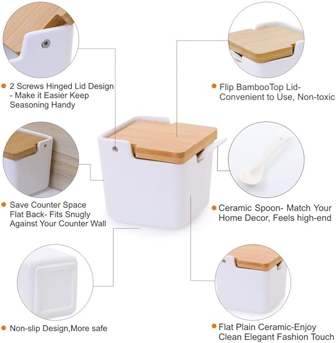 Lucky Goddness Porcelain Sugar Bowl Condiment Jar-Ceramic Flip Top Spice Container with Bamboo Lids and Spoons,for Kitchen Home