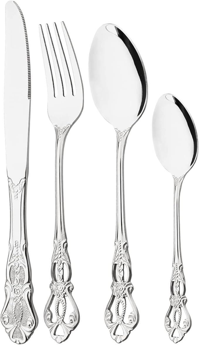 8-Piece Luxury Royal Silverware Set, 18/10 Stainless Steel Silver Flatware Set Service for 2, Tableware Cutlery Set Includes Forks Spoons Knives, Modern Design & Mirror Polished Dishwasher Safe
