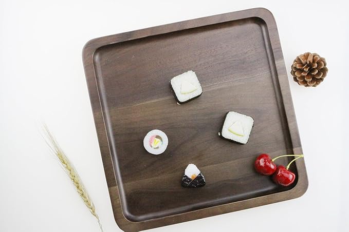 Winterworm Rustic Walnut Wooden Tray Solid Wood Serving Tray Square Rectangle Platter Tea Tray Coffee Table Tray (Large Square with Grooves(11x11x1inch))