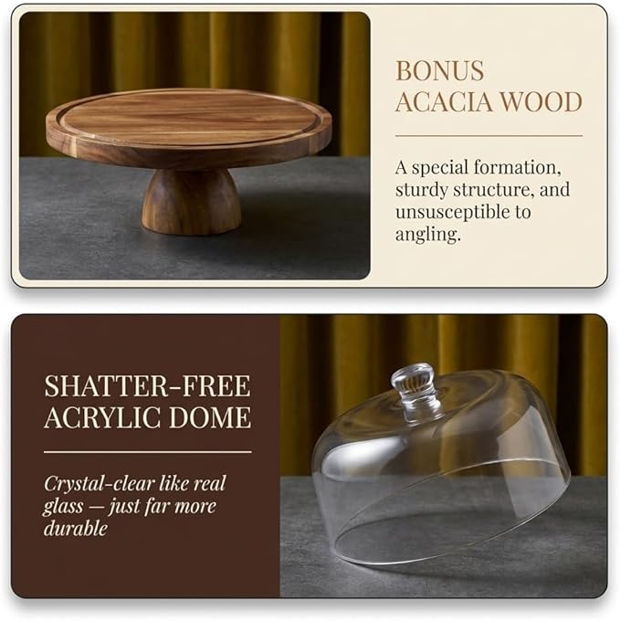 2-in-1 Multifunctional Cake Stand with Acrylic Dome, Rotating Cake Plate Acacia Wood Cake Stand with Acrylic Lid, Cake Decorating Turntable for Baking Gifts, Birthday Kitchen Party, Weddings