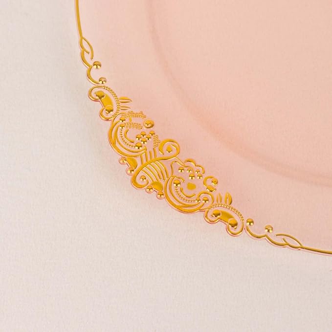 8" Salad Plates -Set of 20 - Plastic Transparent Blush Round Baroque Disposable Chargers Leaf Embossed Rim, Ideal for Dinner Party Wedding Bulk Events
