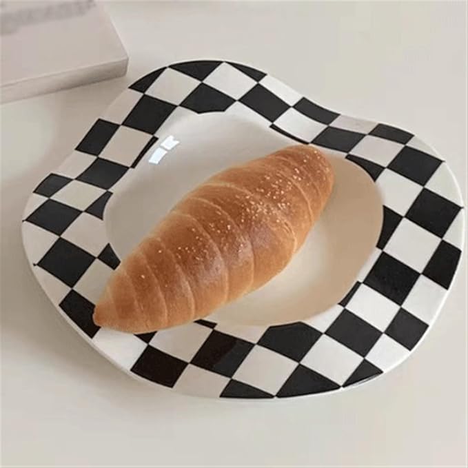SONGCHAO Party Supplies 8 Inch Ceramic Plate Polka Dot Stripe Irregular Wavy Ceramic Serving Plate Restaurant Kitchen Dessert Plate Party Plates (Color : B)